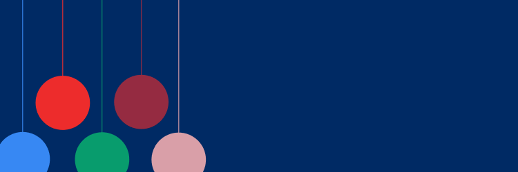 The image is a banner with a solid dark blue background. On the left side, there are five sets of hanging circles. The top row shows a red and a maroon circle, each suspended by a thin line of a matching color. Below these, and partially cut off at the bottom of the image, are a blue, a green, and a light pink circle, each also with a matching colored line extending upwards.