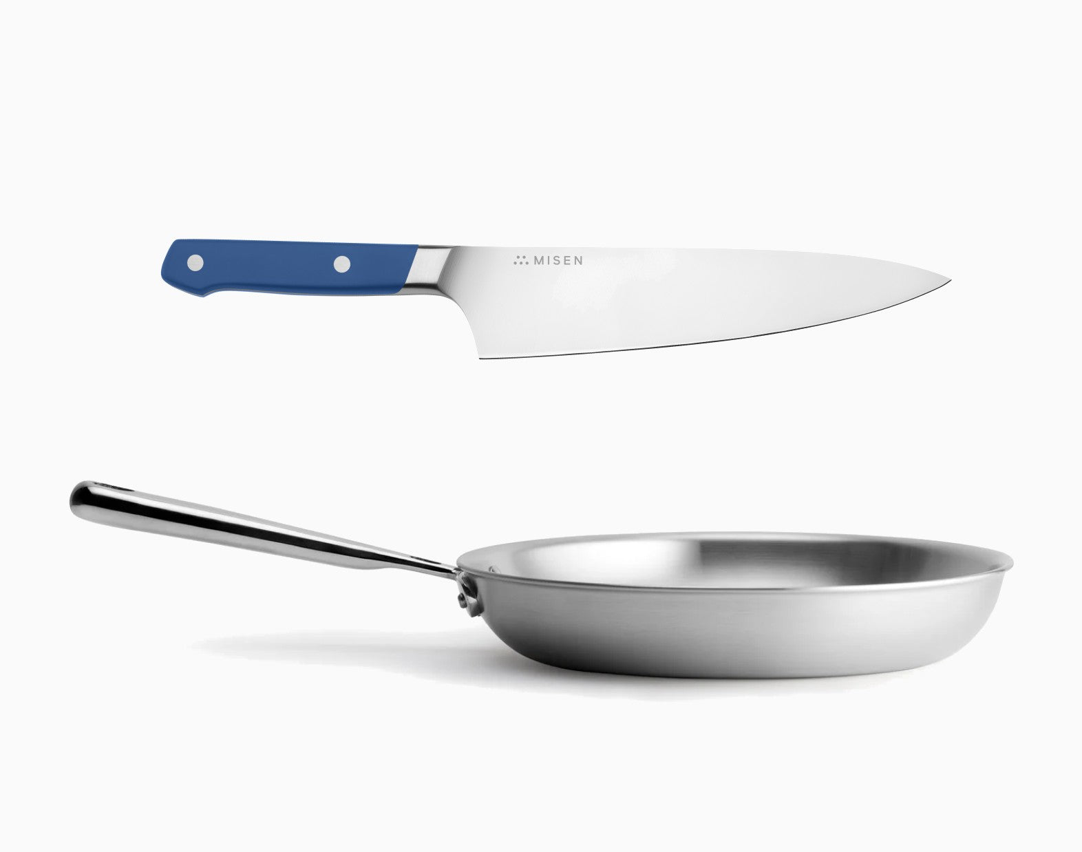 8 inch Misen Chef's Knife in blue and a 10 inch Misen Stainless Steel Skillet Pan
