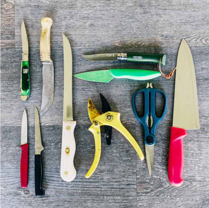 Various dull knives that are in need of Misen's Mail-In Knife Sharpening Service