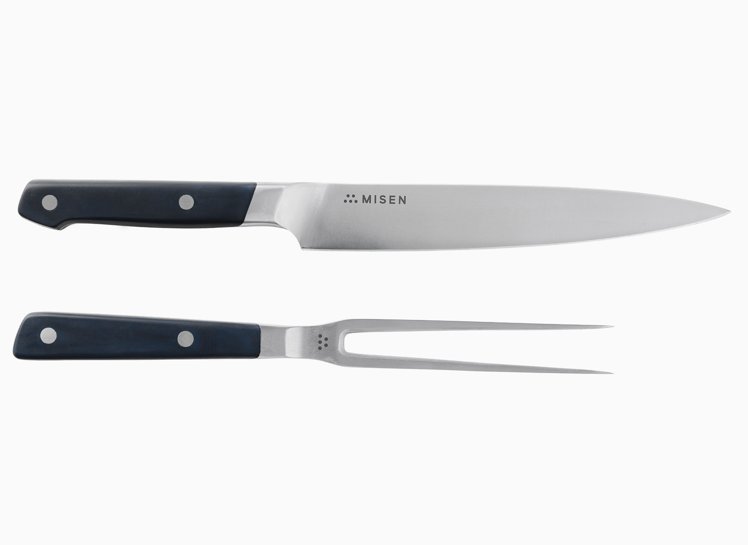 Misen carving set including a carving knife with a black handle and a carving fork with a black handle.