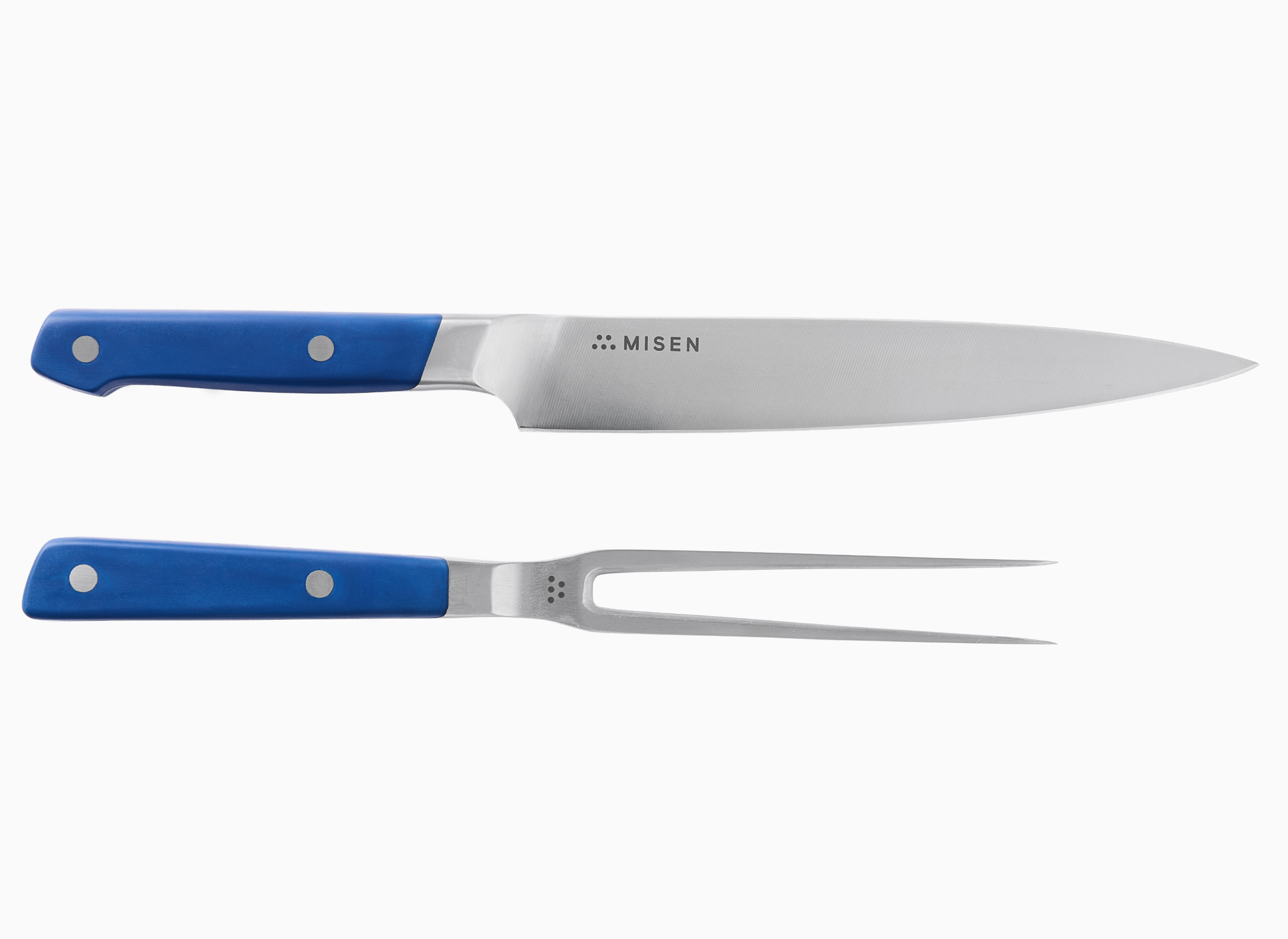 Misen carving set including a carving knife with a blue handle and a carving fork with a blue handle.