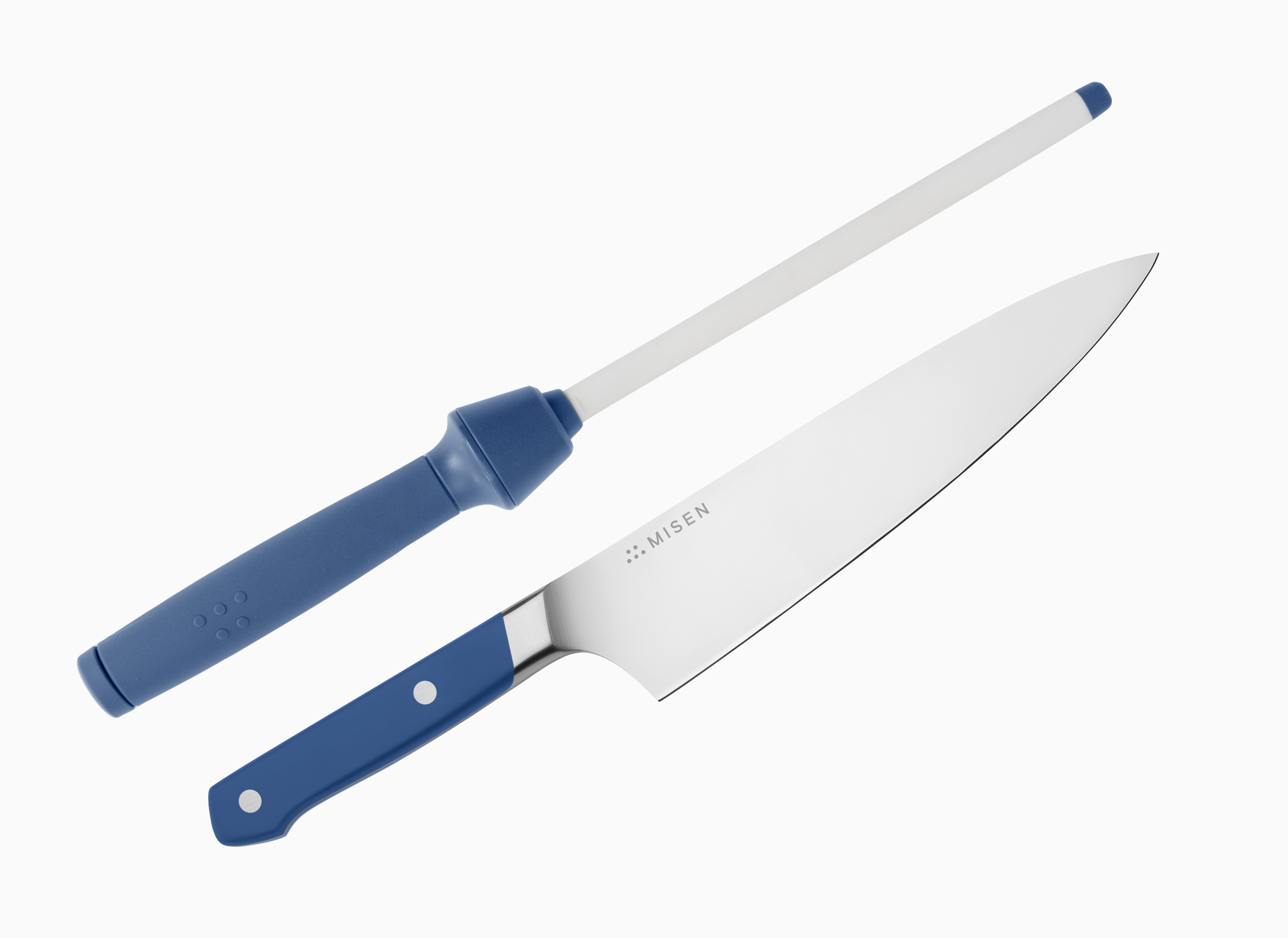 An 8 inch chef's knife with a blue handle and a silver blade, accompanied by a silver honing rod with a blue handle.