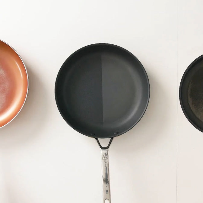 The coating on ceramic nonstick pans (shown on the left) deteriorates faster than traditional nonstick. Expensive nonstick pans (shown on the right) aren't worth the price. Misen Nonstick Pans (shown in the middle) lasts 2.5x longer at a fraction of the price.