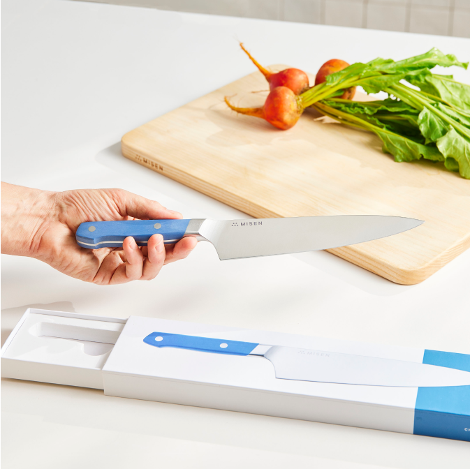Unboxing a blue Misen chef's knife