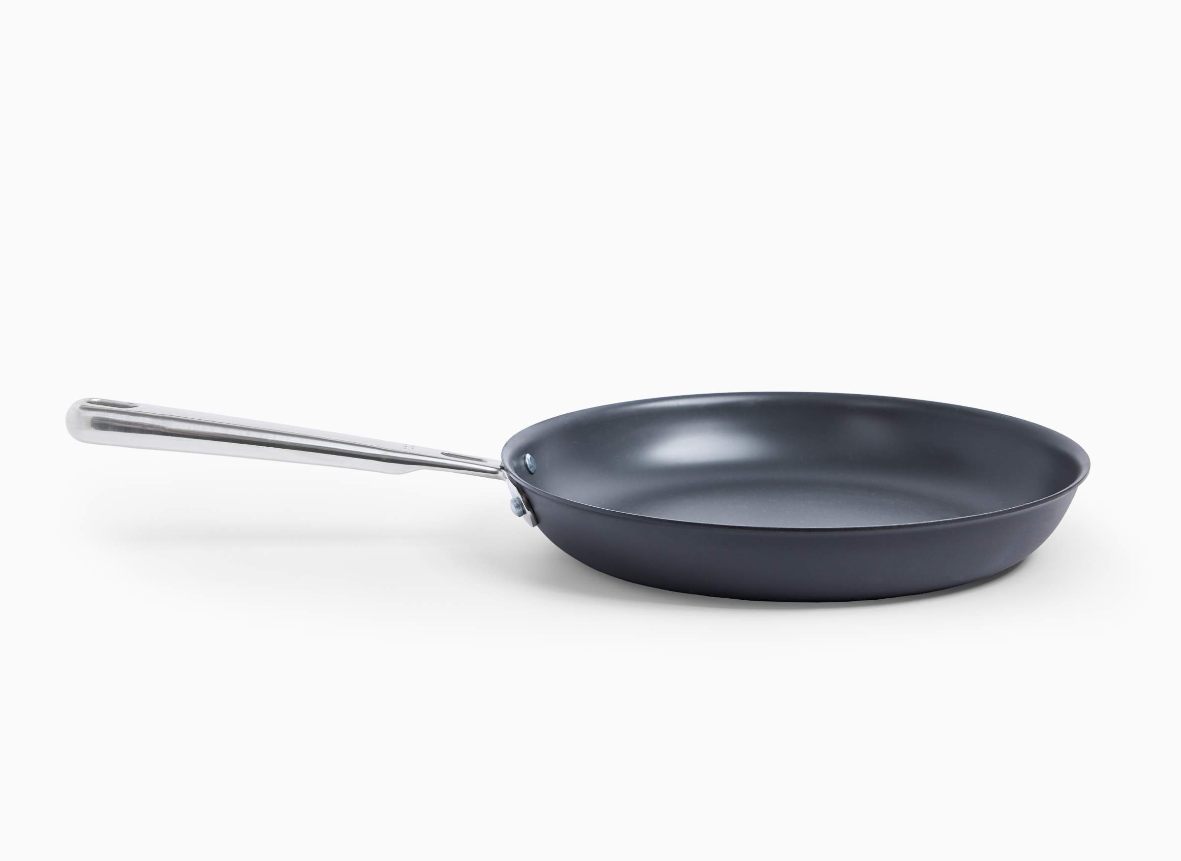 Dark gray nonstick frying pan with long stainless steel handle on white background