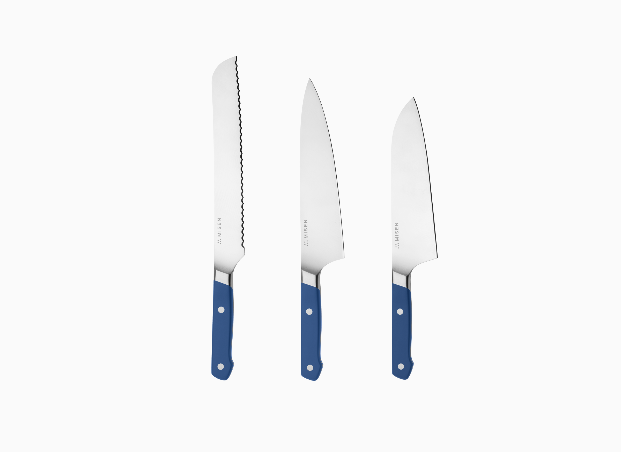 The Misen Big Knives bundle comes with an 8 inch blue Serrated Knife, a blue 8 inch Chef's Knife and a blue 8 inch Santoku Knife.