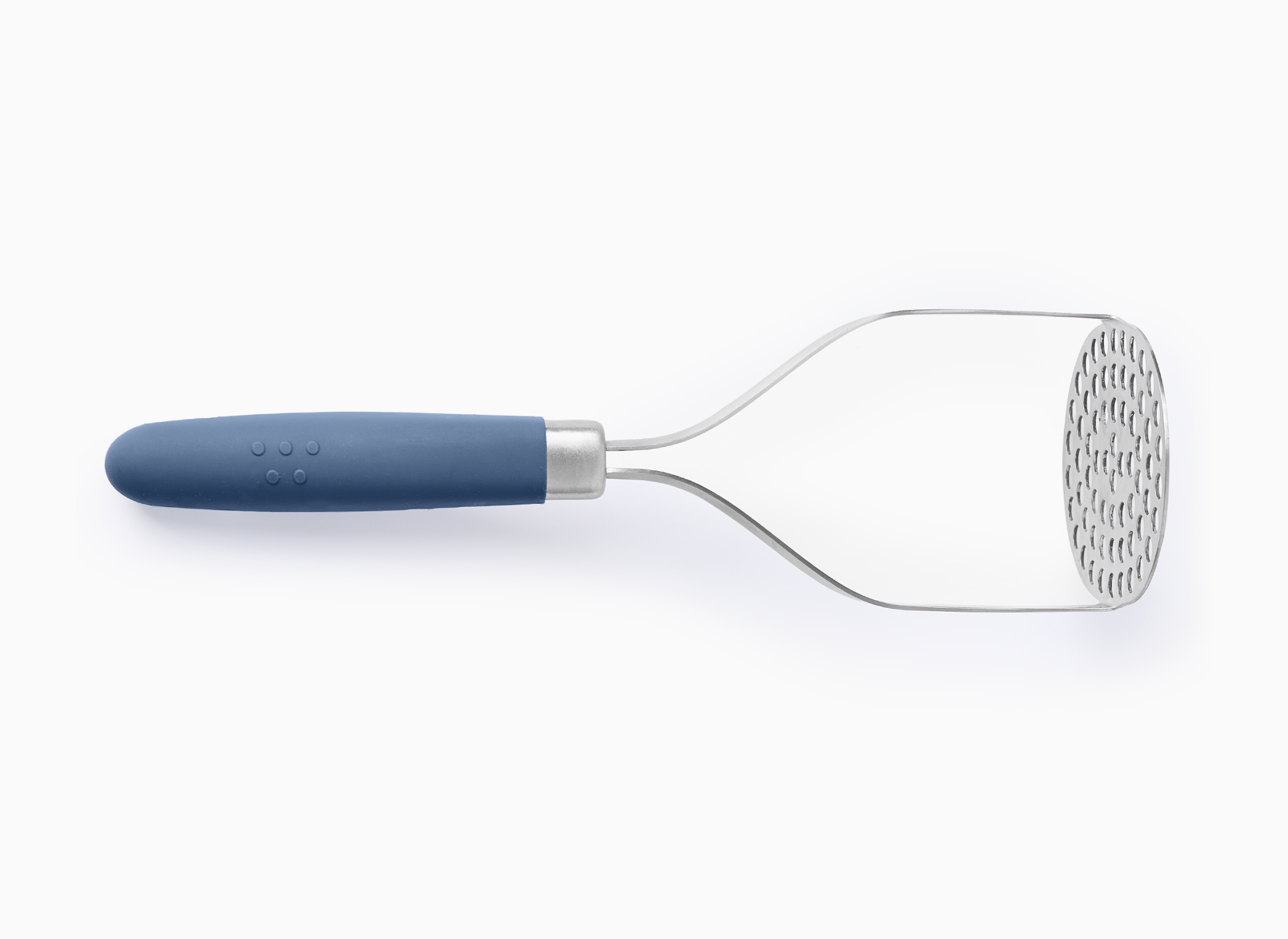 A blue-handled masher with a stainless steel head on a white background.