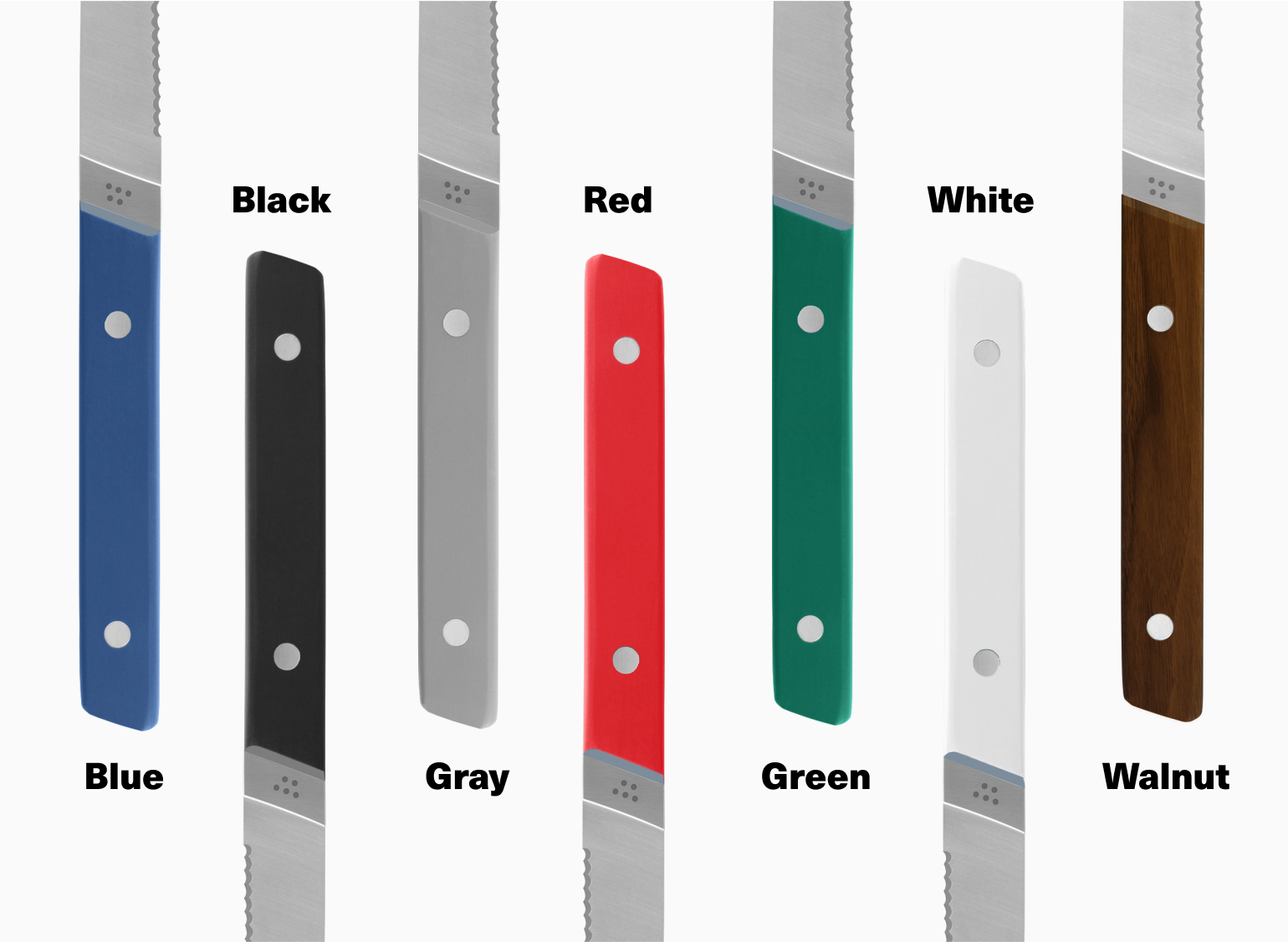 The Misen serrated Steak Knives come in blue, black, gray, red, green, white & walnut.
