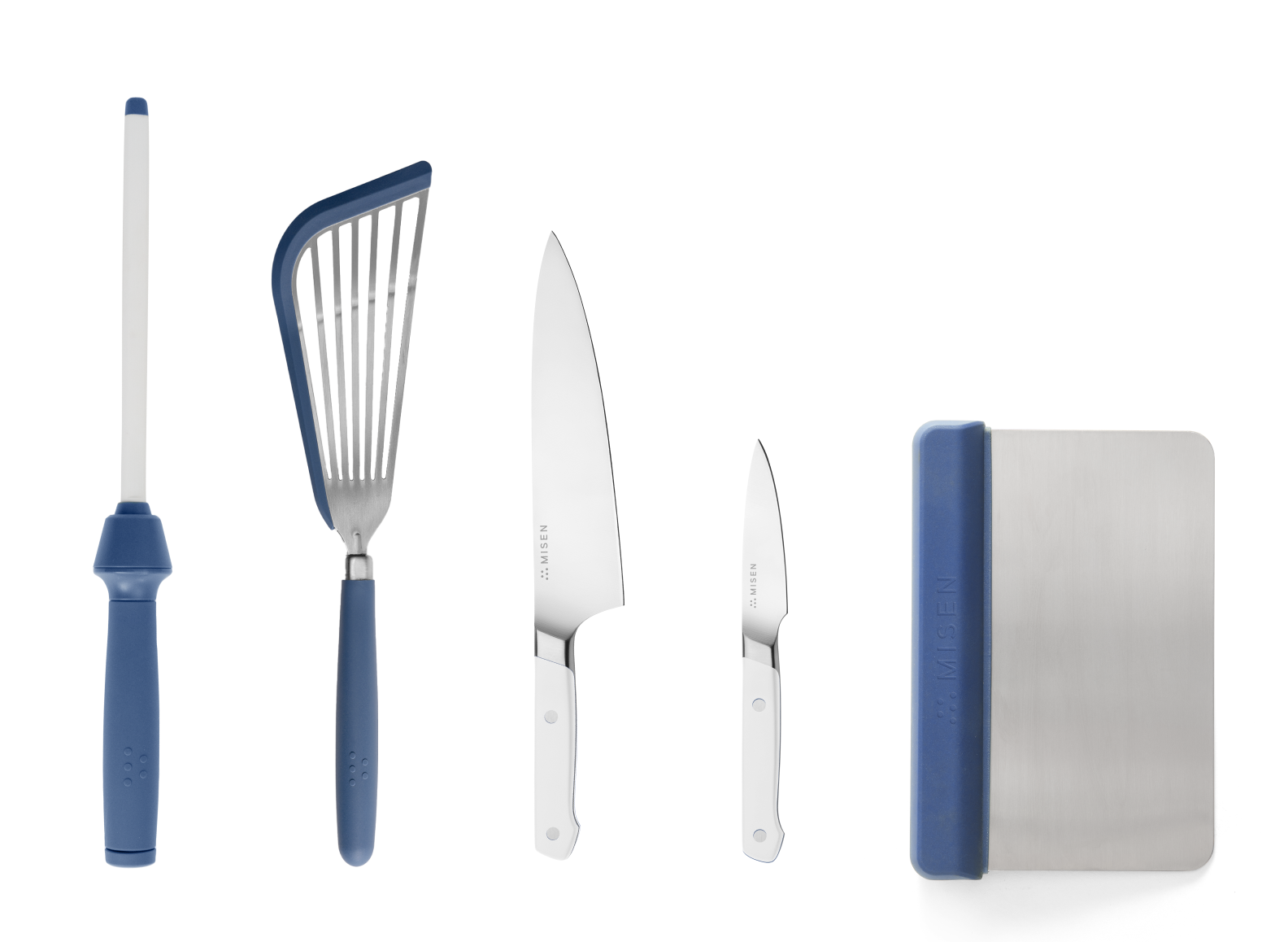 The Cheffy Kit comes with a blue Honing Rod, blue Silicone Fish Spatula, white 8 inch Chef's Knife, a white 3.5 inch Paring Knife and a blue Bench Scraper.