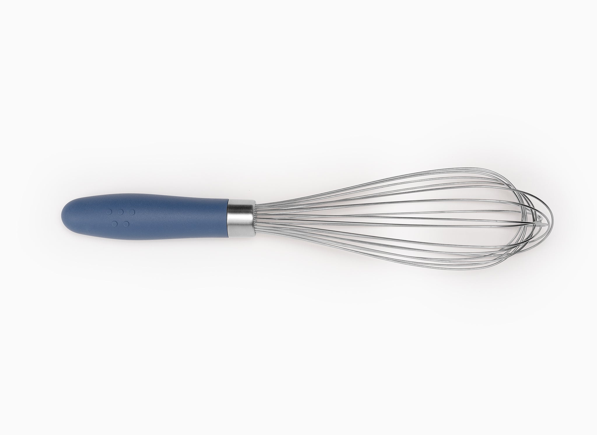 A Misen stainless steel whisk with a blue silicone handle on a white background.