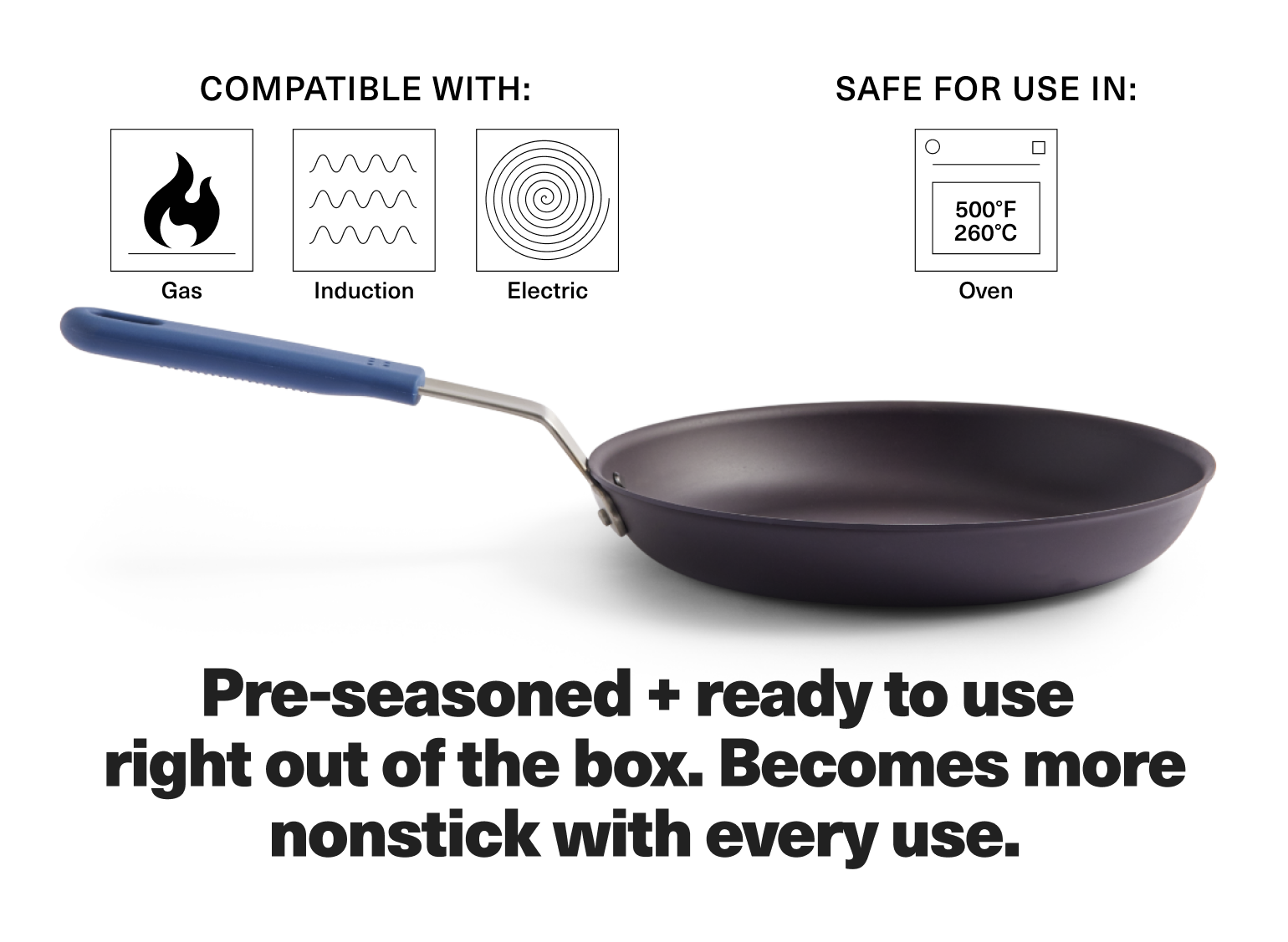 Pre-seasoned + ready to use right out of the box. Becomes more nonstick with every use.