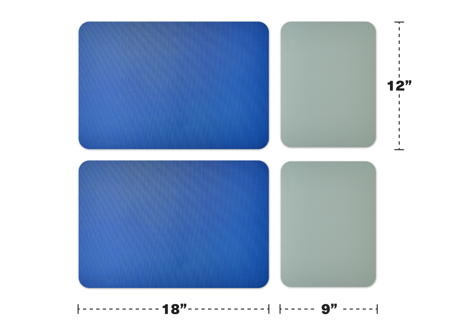 The small grey Misen Cutting Sheet is 12" long. The large blue Misen Cutting Sheet is 18" long. Both sizes are 9" wide.