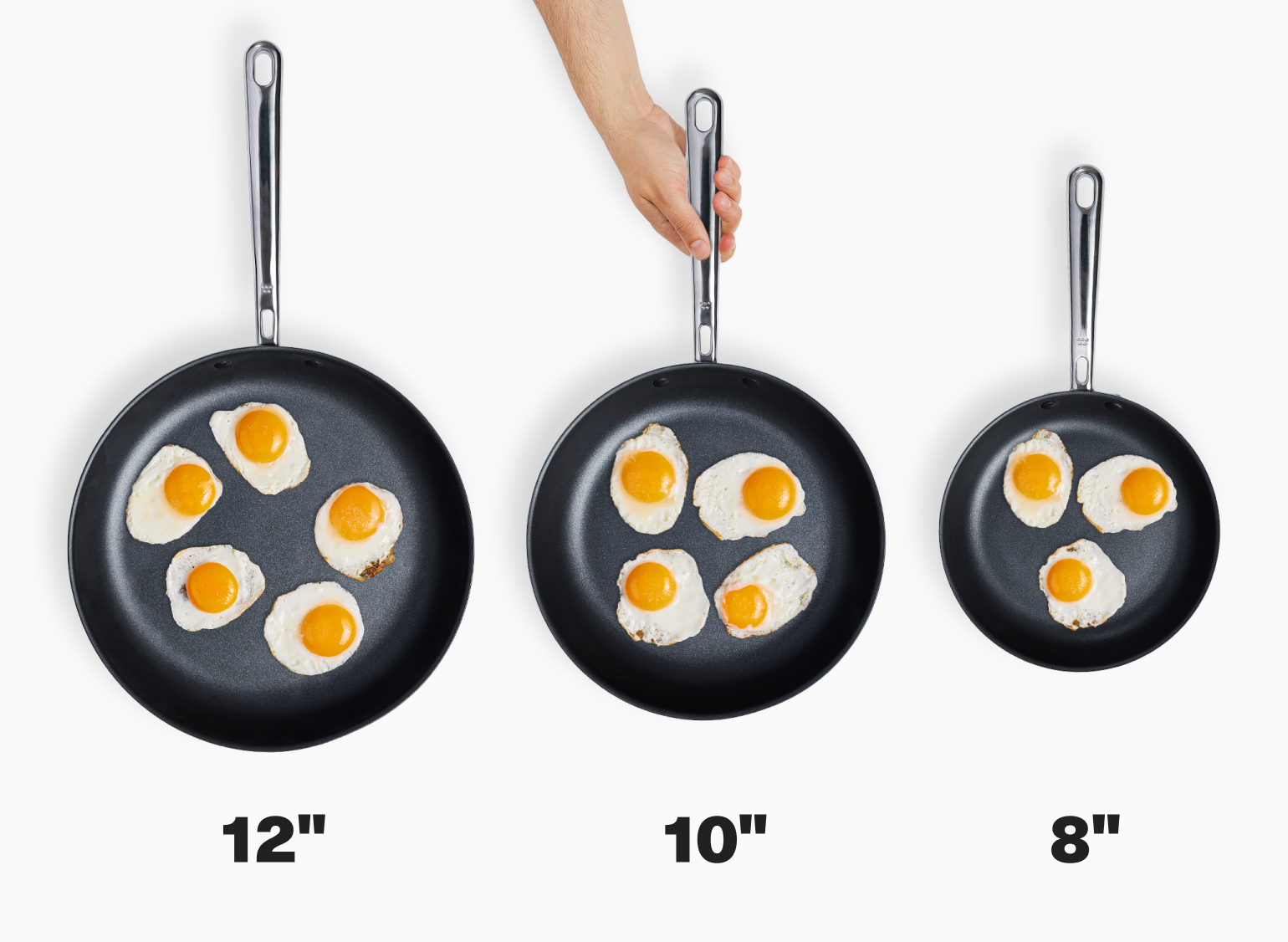 A 12" Misen Nonstick Pan fits approximately 5 fried eggs. A 10" Misen Nonstick Pan fits approximately 4 fried eggs. An 8" Misen Nonstick Pan fits approximately 3 fried eggs. 