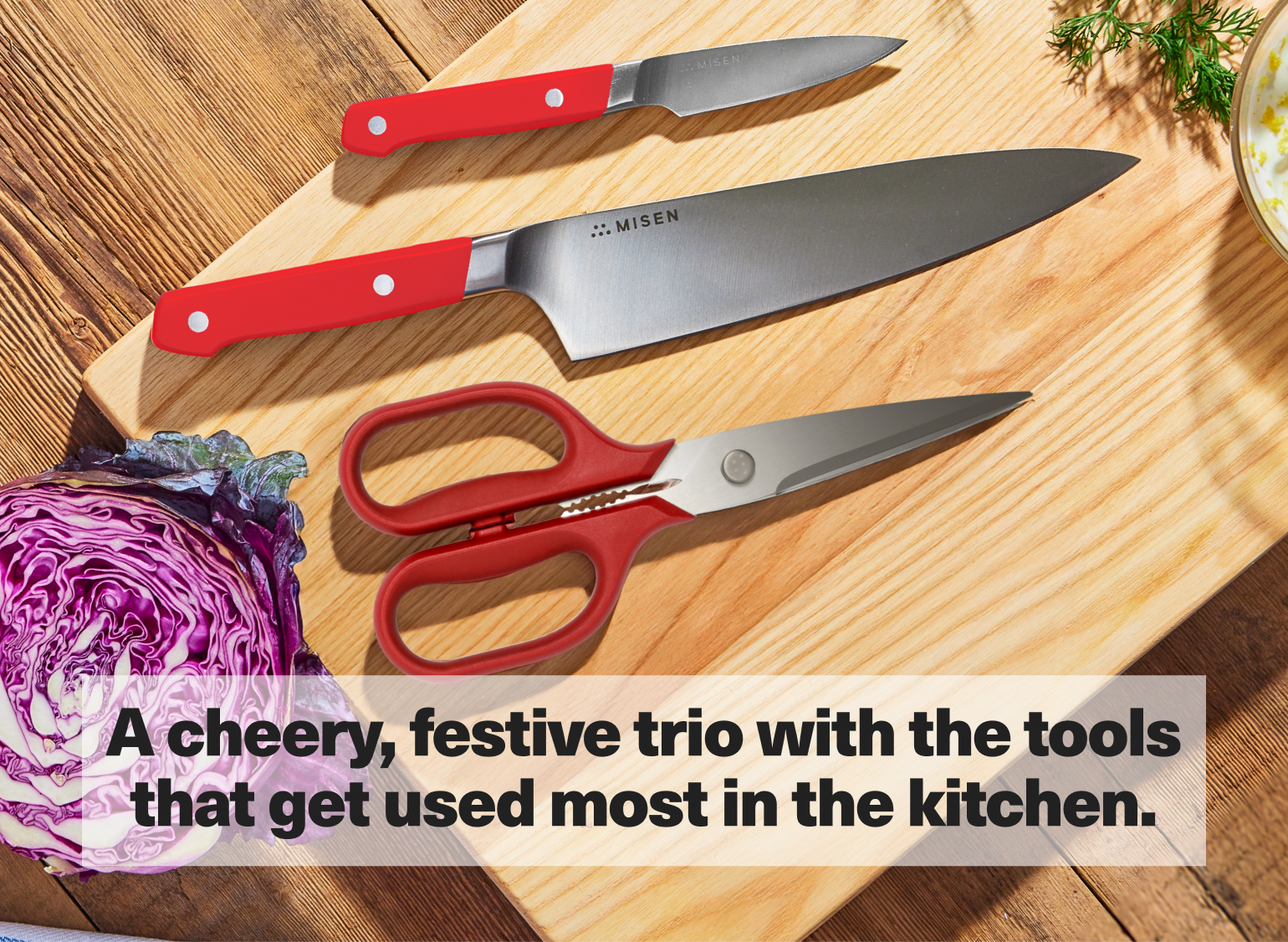 A cheery, festive trio with the tools that get used most in the kitchen.