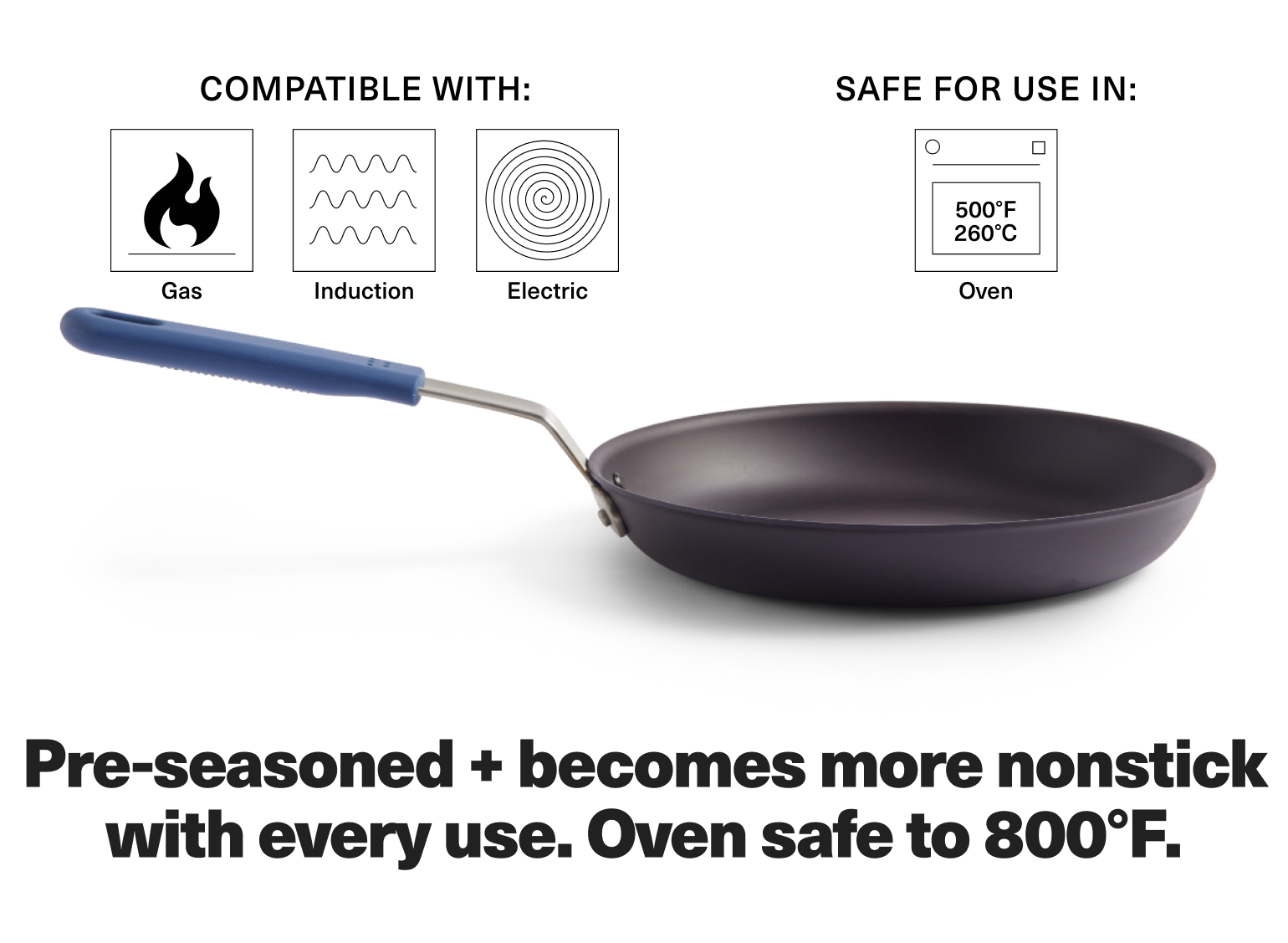 Pre-seasoned + becomes more nonstick with every use. Oven safe to 800° F.