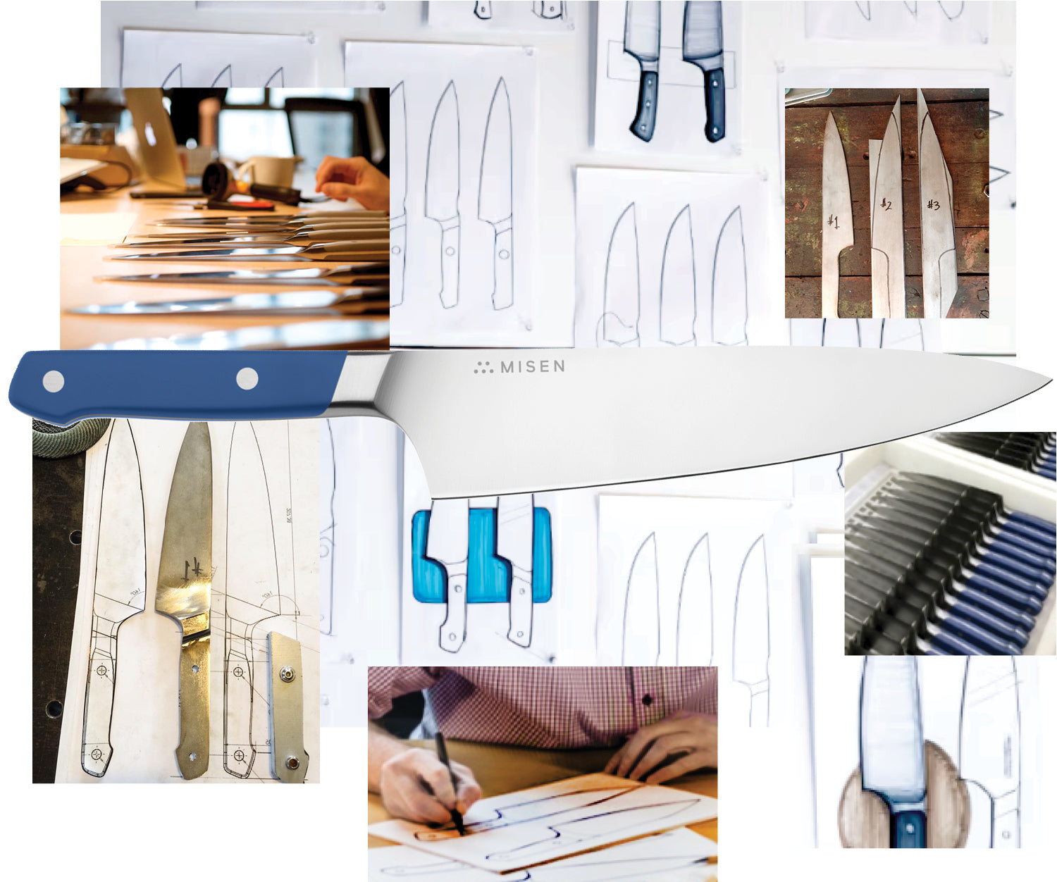 Sketches and blueprints of our first Misen Chef's Knife prototype