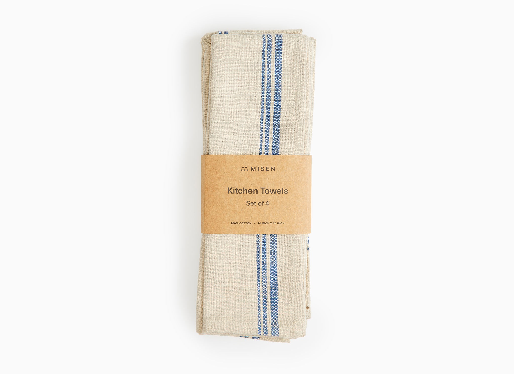 A set of blue Misen Kitchen Towels in their packaging lie flat on a white background.